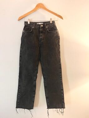 Zara Hi-Rise Straight Leg Jeans - Washed Black - Size 0 - Frayed Hem